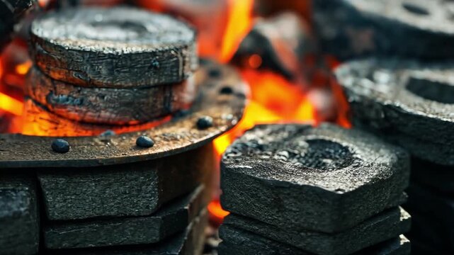 Hot Coals with Steel Blocks in Glowing Ambience of Forging Process
