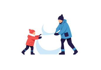 Obraz premium Child and adult building snowman outdoors in winter