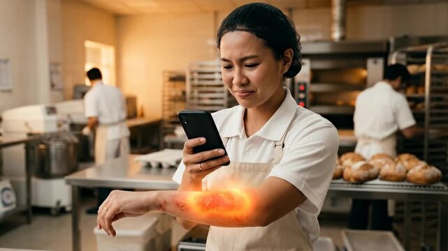 A baker experiences wrist discomfort while looking at a smartphone in a warm, industrial kitchen, highlighting the strain of manual labor and modern technology.