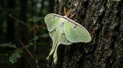 Fototapeta premium Beautiful Luna Moth with Long Tails Resting on Dark Tree Bark in Forest