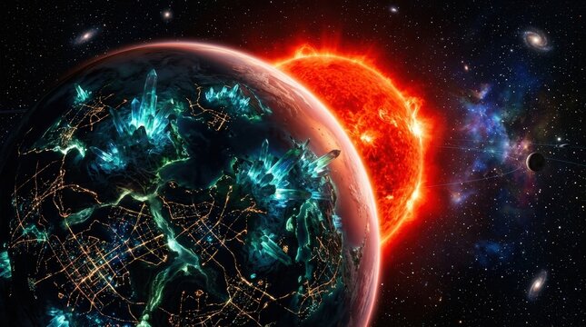 Krypton planet with glowing crystals and sun in outer space