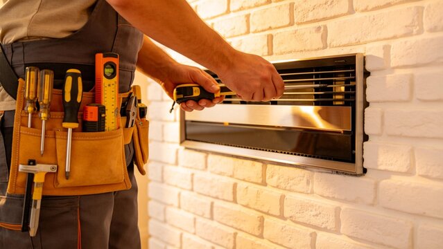 Person installing vent on brick wall