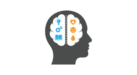 Human head profile with brain icons for creativity and logic. © Agu