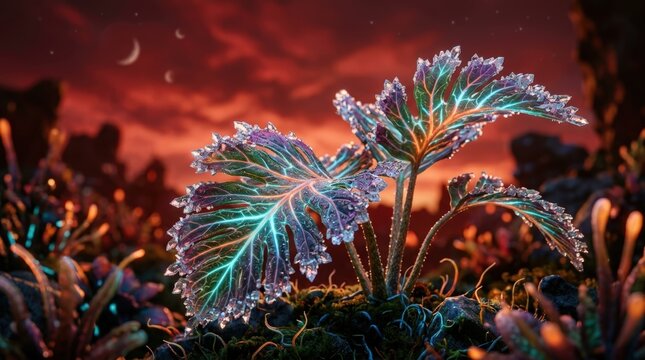 Glowing krypton flora on a distant alien planet under a red sky