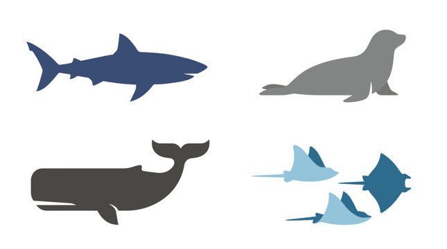 Silhouettes of shark seal whale and three manta rays in cool tones