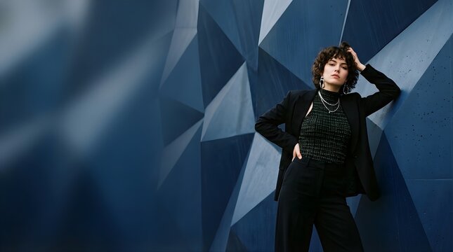 Stylish woman leaning against a blue geometric wall for fashion portrait