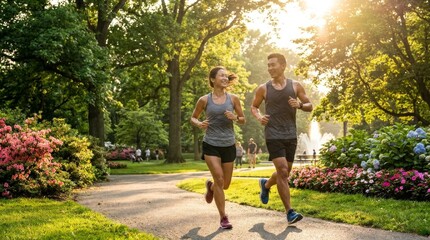 Obraz premium Happy Young Couple Jogging Together in Beautiful Park at Sunrise