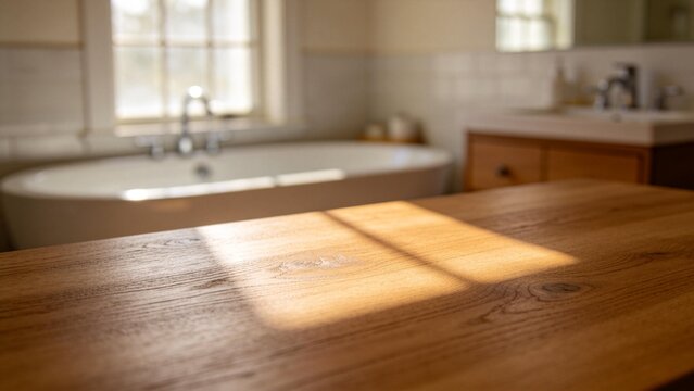 Wooden countertop in a bathroom with sunlight