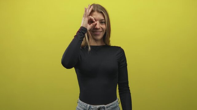 Woman in black longsleeve top and jeans makes ok hand circle over eye gesture in studio yellow backdrop; playful curiosity.