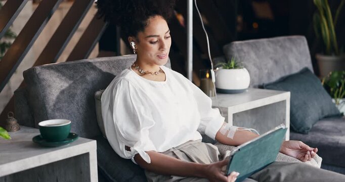 Woman, relax and iv infusion with tablet for hydration, minerals and browsing website. Thinking, person and digital with injection drip for nutrition liquid, social media and streaming for wellness