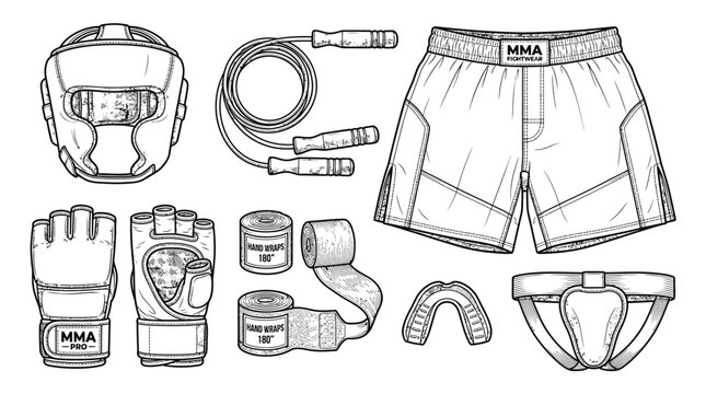 Detailed vector illustration showcasing essential mixed martial arts training gear and professional combat sports equipment items