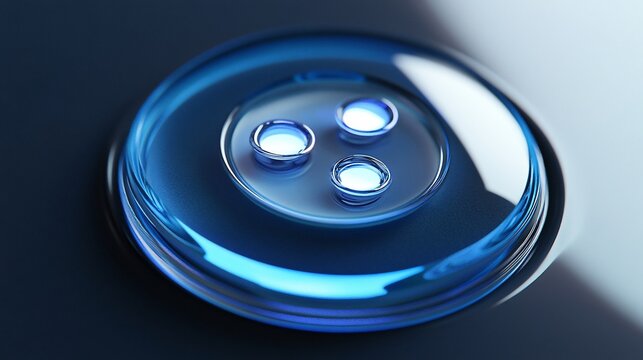 Elegant close-up of a shiny blue button with three glowing orbs