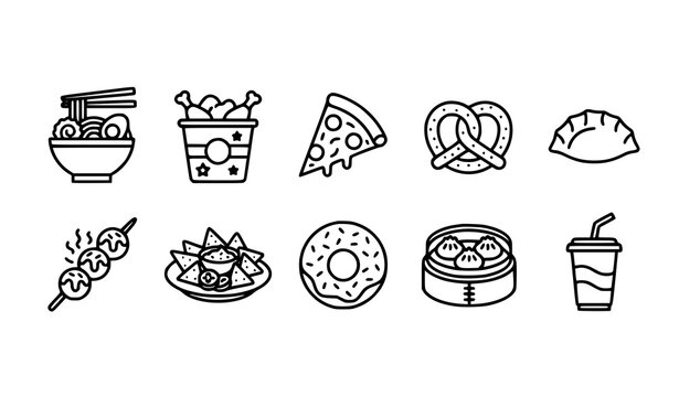 Fast Food and Snack Outline Icon Set Vector Illustration
