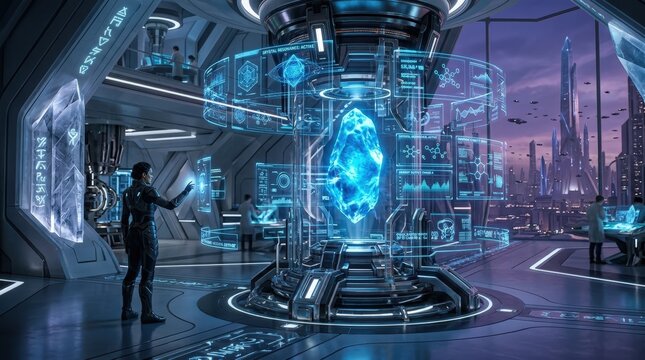 Scientists researching glowing krypton crystal in futuristic laboratory