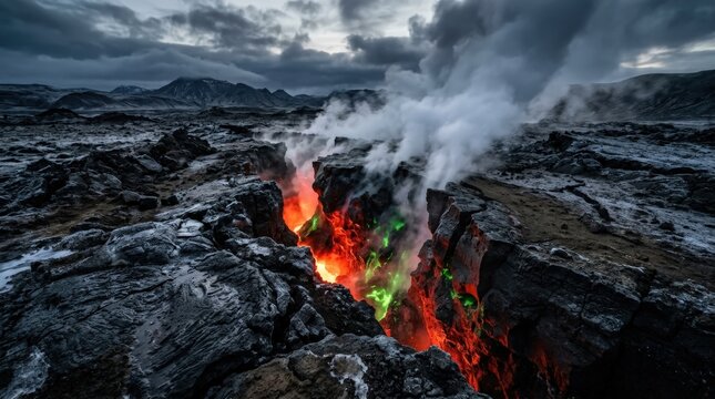 Glowing krypton and lava inside a deep fissure in volcanic rock