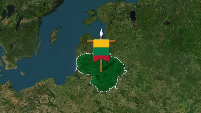 Lithuanian national flag emblem animated on satellite map footage motion clip