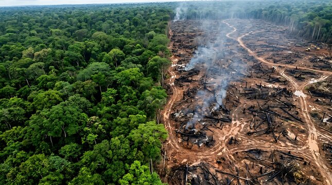 Aerial view of rainforest deforestation contrasting lush trees and smoke