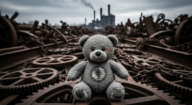 Soft grey teddy bear sitting on a mountain of rusted industrial metal machinery gears.