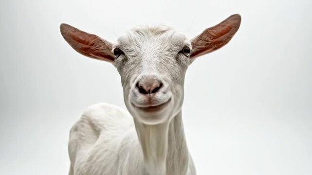 White goat standing against a plain white background.