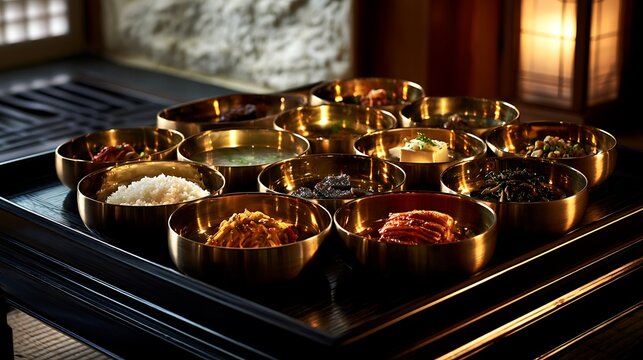 Kaesong Pansangi meal, with multiple polished bronze bowls arranged in a symmetrical circular pattern on a dark varnished low wooden table