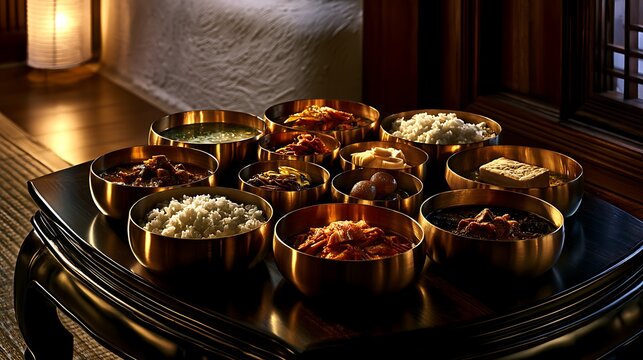 Kaesong Pansangi meal, with multiple polished bronze bowls arranged in a symmetrical circular pattern on a dark varnished low wooden table