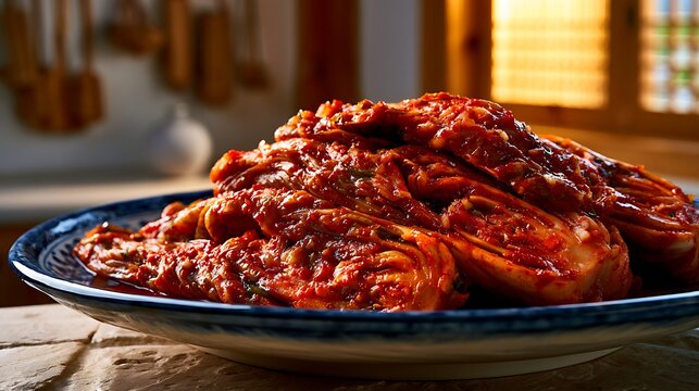 North Korean napa cabbage kimchi in a handmade blue and white ceramic bowl, with vivid bright red cabbage leaves seasoned with gochugaru chili