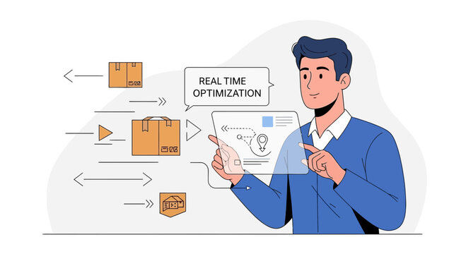 Man optimizing logistics with real time data on transparent screen, delivery tracking