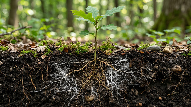 Young seedling with visible mycelium network in soil. Ideal for sustainability, ecology, agritech, and environmental education visuals.