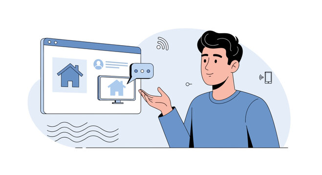 Man presenting smart home interface on digital screen, technology concept