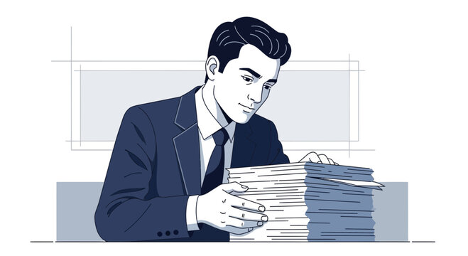 Businessman reviewing a large stack of documents for paperwork and analysis.