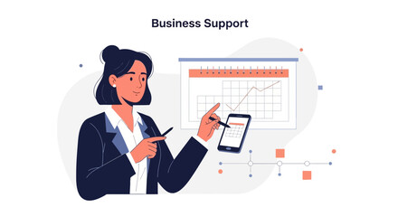 Obraz premium Businesswoman analyzes financial graph on smartphone and whiteboard