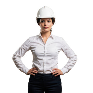 Serious construction worker with protective helmet isolated on transparent background