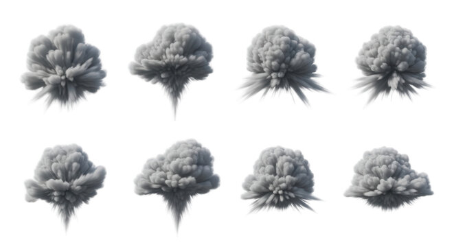 digitally created smoke explosions in sets on a white background useful for visual effects or design elements