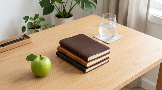 Stack of leather journals on a wooden desk with a green apple