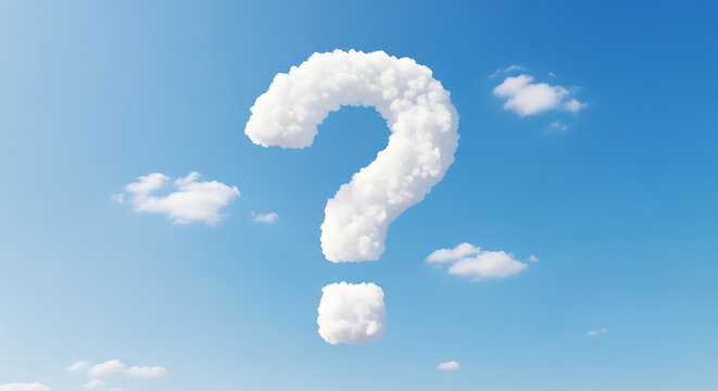 Large question mark cloud in bright blue sky with fluffy clouds