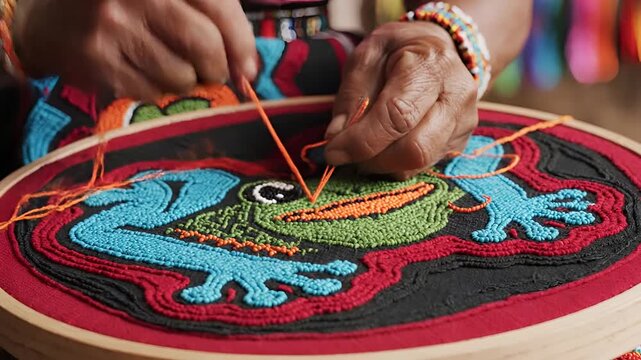 Closeup of Indigenous Hands Crafting a Vibrant Frog Beadwork Art.