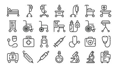 Naklejka premium Hospital Equipment and Medical Facilities line icon collection for Healthcare Clinic Emergency and Hospital service design.