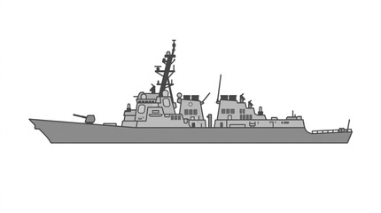 Modern Warship Silhouette, Navy Destroyer, Military Vessel Illustration © muhammad agil