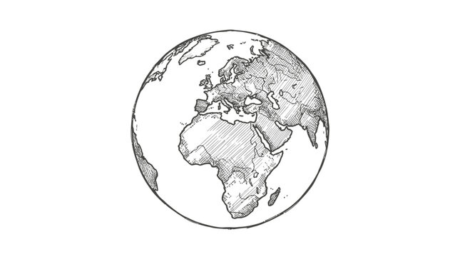 Hand drawn sketch vector illustration of the planet earth showing detailed continents with cross hatching style