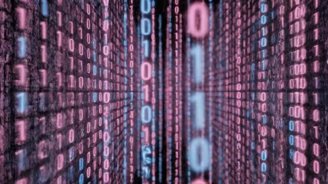 Abstract digital data stream binary code flowing in pink and blue