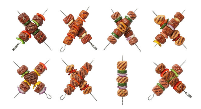 overhead shot of grilled meat and vegetable skewers displayed in various arrangements against a white backdrop for culinary and restaurant advertising purposes