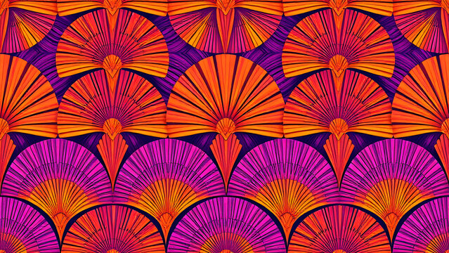 Art Deco Fan Motif Seamless Pattern, Geometric Vintage Retro Abstract Design, Luxury Elegant Symmetrical Background Wallpaper. 1920s Jazz Age Textile