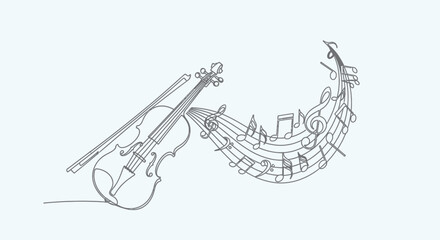 Continuous Line Drawing of a Violin with Musical Notes Flowing © Joyo