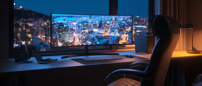Modern workspace with dual monitors at night.