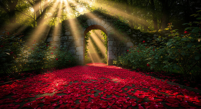 Enchanted Garden Path with Sunbeams and Red Flowers