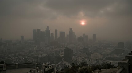 Fototapeta premium Sunset over polluted city skyline with dense smog coverage pollution buildings