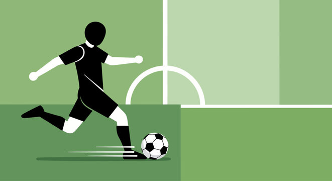Dynamic vector illustration of a soccer player in action, kicking a ball on a grassy field