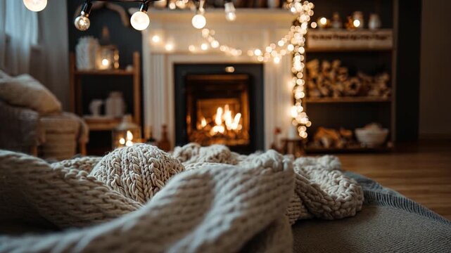Cozy Living Room with Knit Blanket and Warm Fireplace Glow