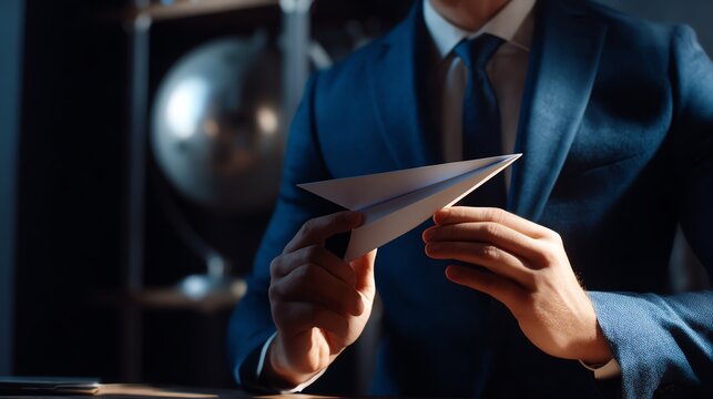 Businessman holding paper airplane concept.