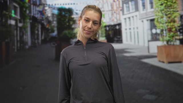 Woman with ponytail sticking out tongue and slight head tilt, wearing zipped pullover with visible face in frontal pose on a street lined with planters; playful curiosity.
